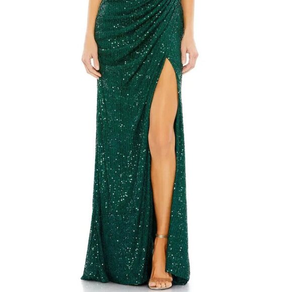 Ieena Mac Duggal Emerald Green Sequin Asymmetric Trumpet Gown - Picture 2 of 5
